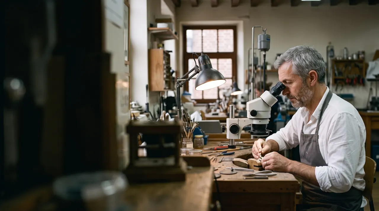 Mathieu, sertisseur, penché sur la loupe binoculaire de son établi dans l'atelier du premier étage, une lampe allumée et une fenêtre à petits carreaux derrière lui