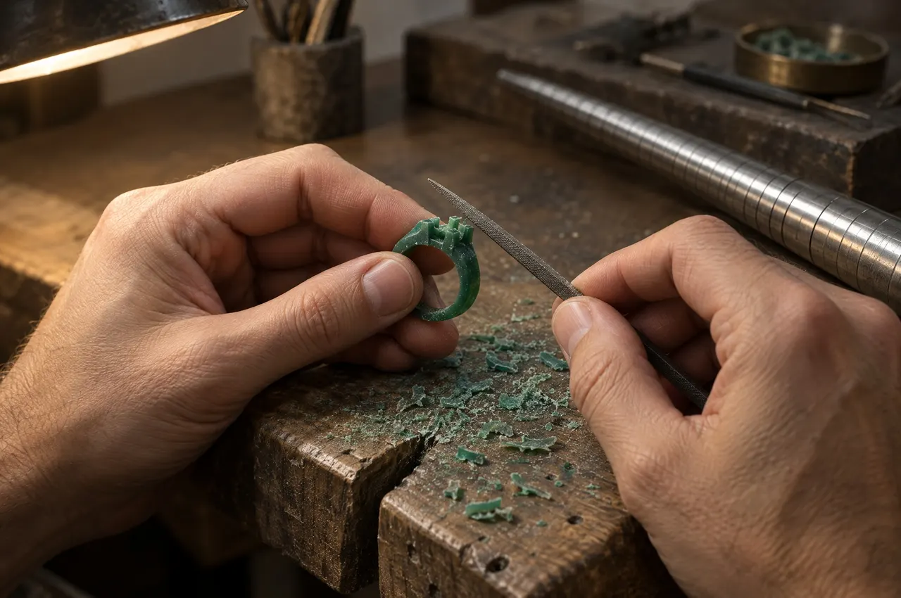 Mains d'un artisan limant un modèle de bague en cire verte sur un établi en bois couvert de copeaux