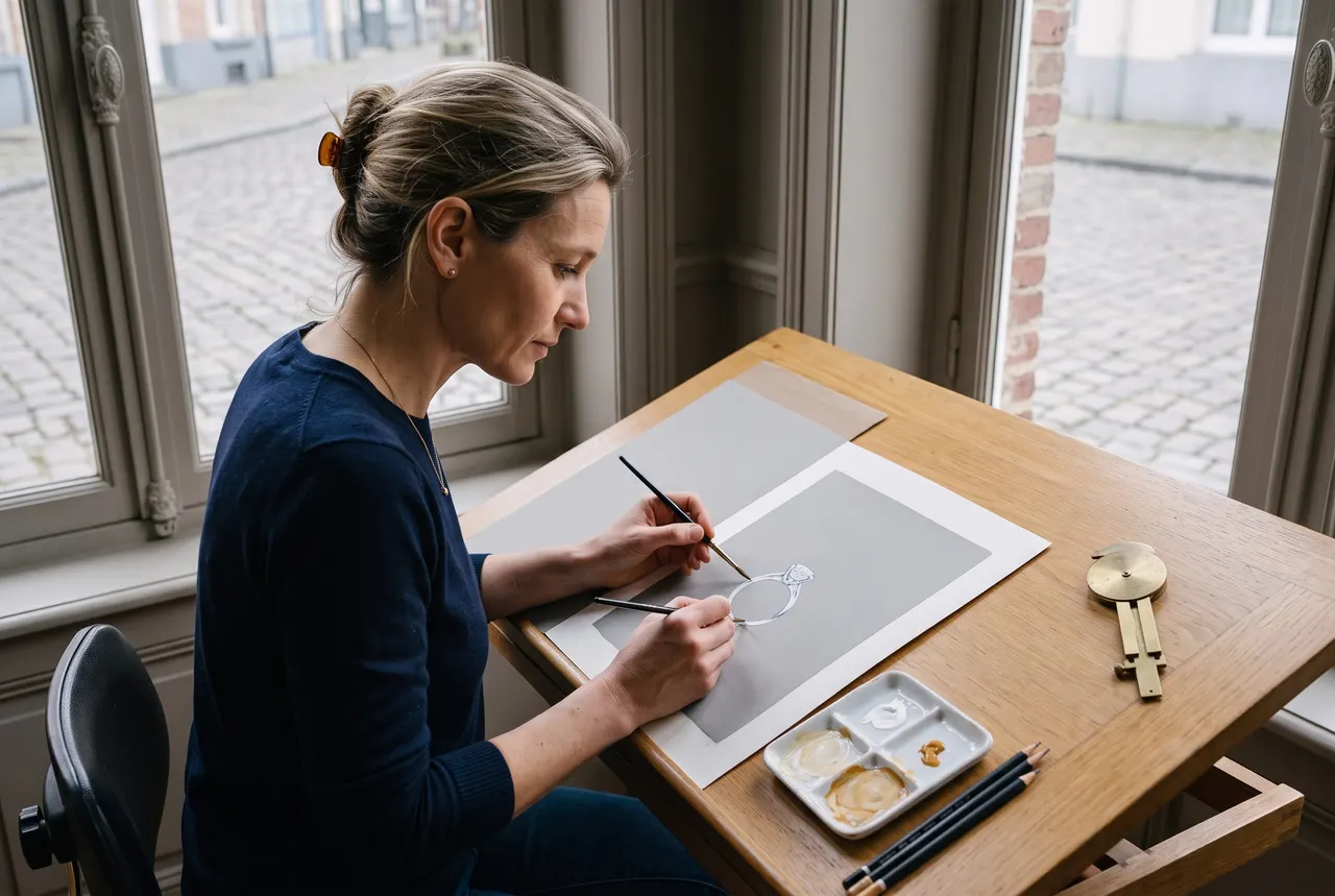 Claire Hennebelle peint à la gouache le dessin d'une bague sur un papier gris, assise à sa table près d'une fenêtre