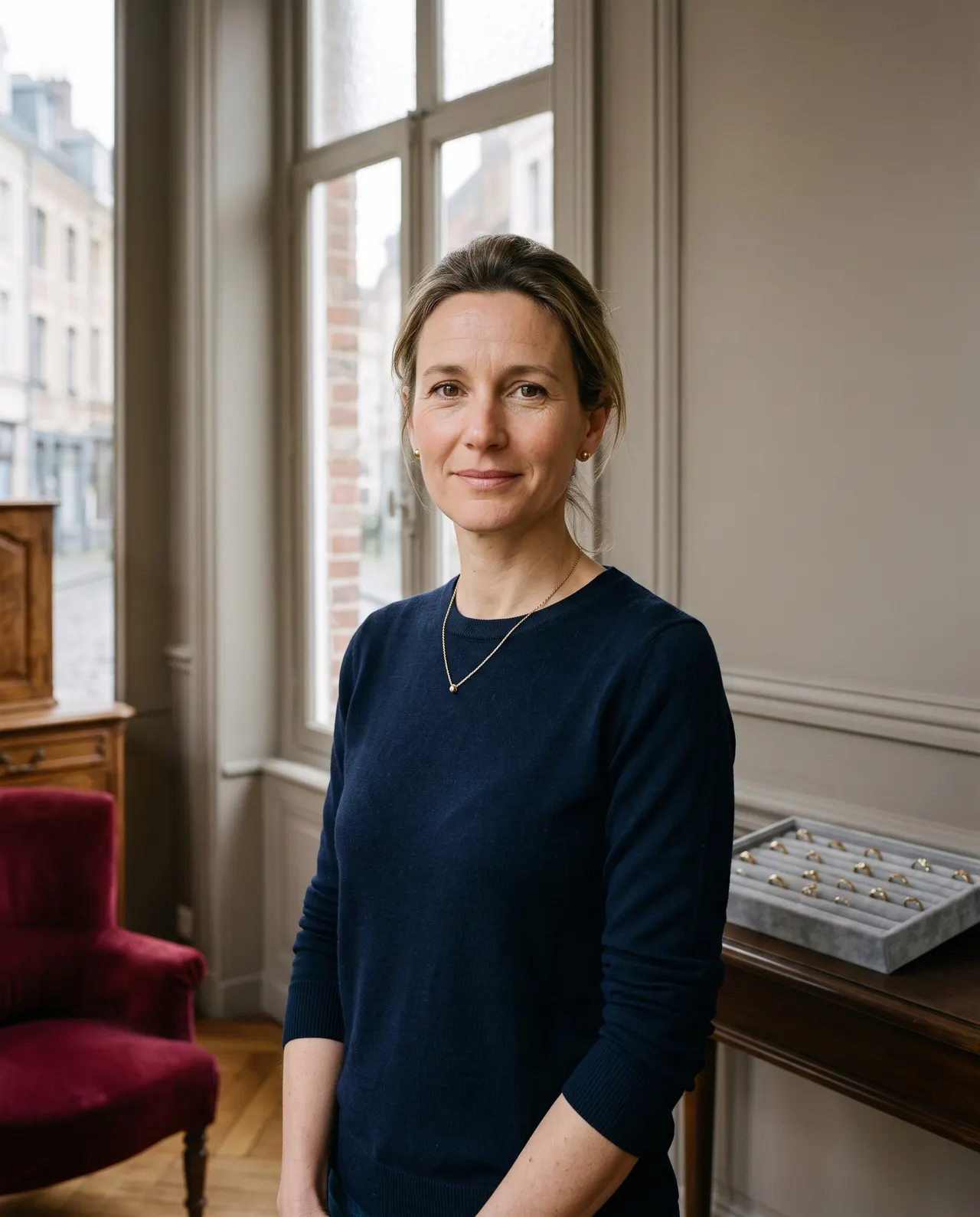 Claire Hennebelle, cheveux blonds attachés et pull marine, debout dans le salon de la boutique près d'une grande fenêtre