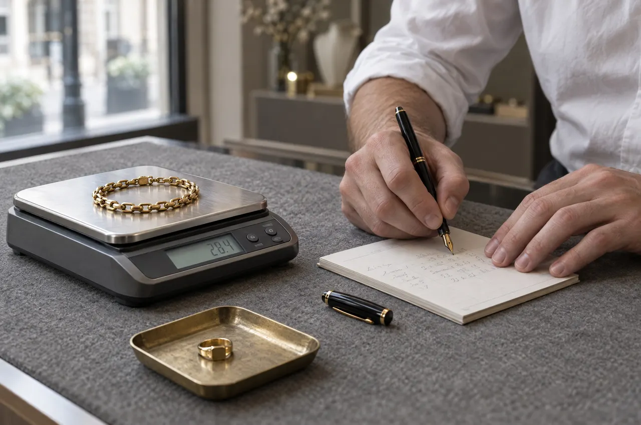 Au comptoir, un bracelet en or pesé sur une balance de précision pendant que l'artisan remplit le bon de dépôt au stylo plume
