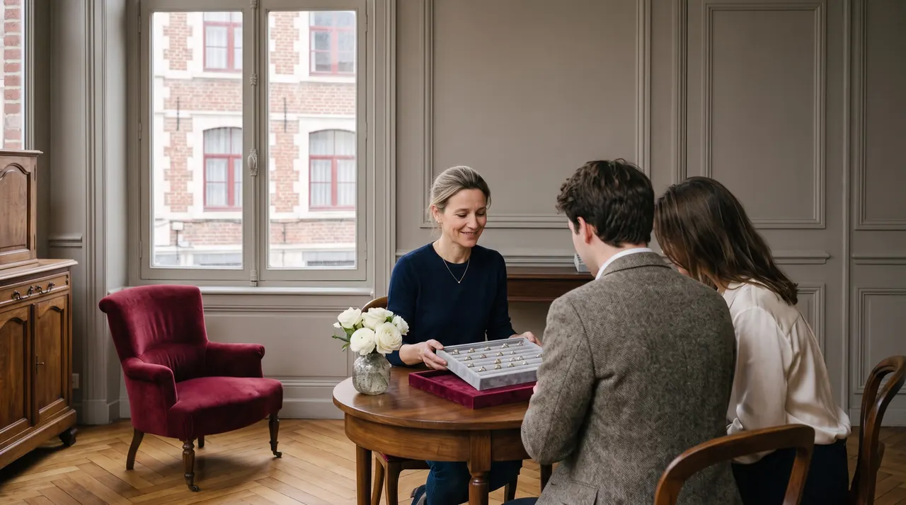 Claire Hennebelle présente un plateau de bagues de fiançailles à un couple, au salon du premier étage, devant une fenêtre donnant sur des façades de brique