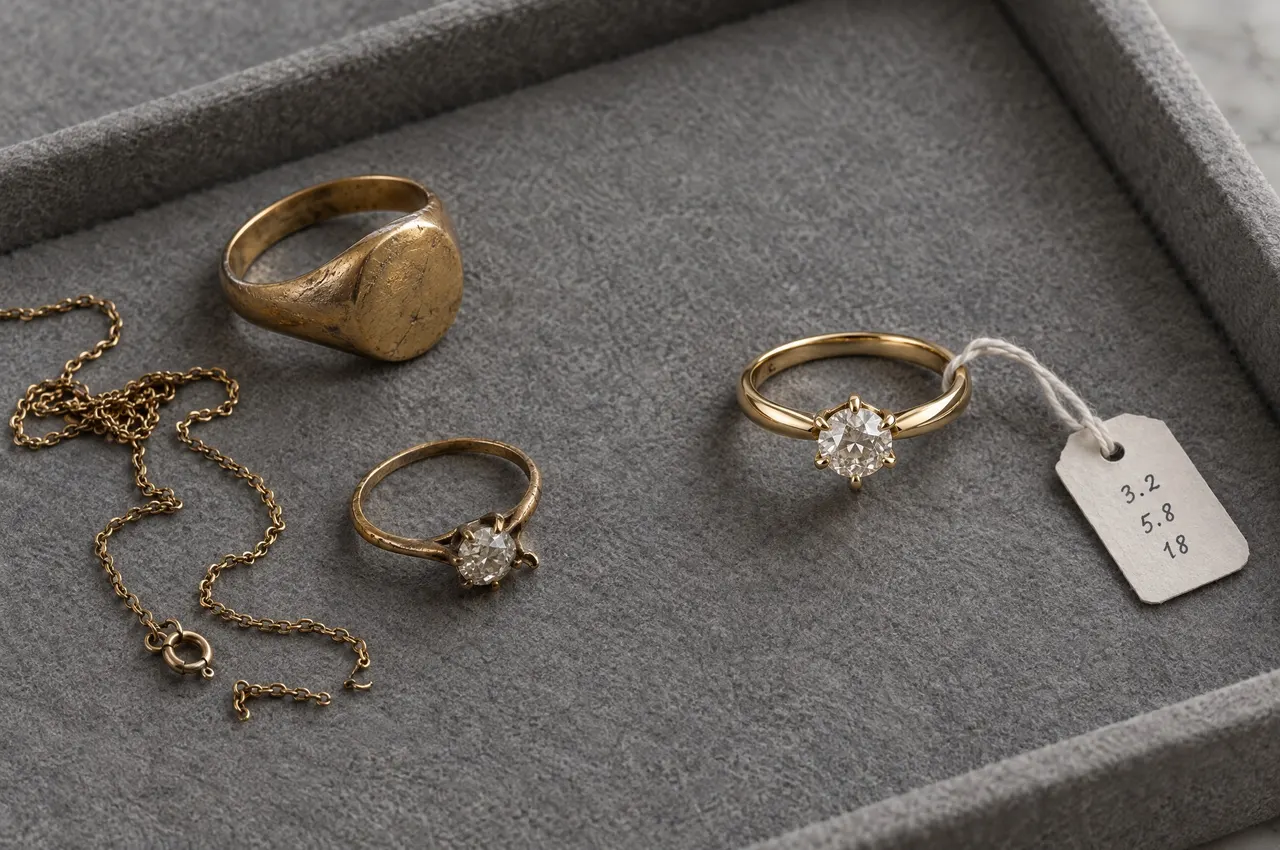 Sur un plateau de feutre gris, une chevalière usée, une chaîne cassée et une bague ancienne à côté de la nouvelle bague faite avec leur or et leur diamant