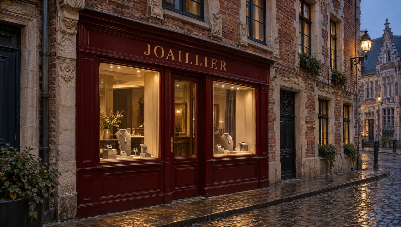 La devanture rouge de la boutique, lettres dorées, deux vitrines éclairées à la tombée du jour dans une rue pavée du Vieux-Lille